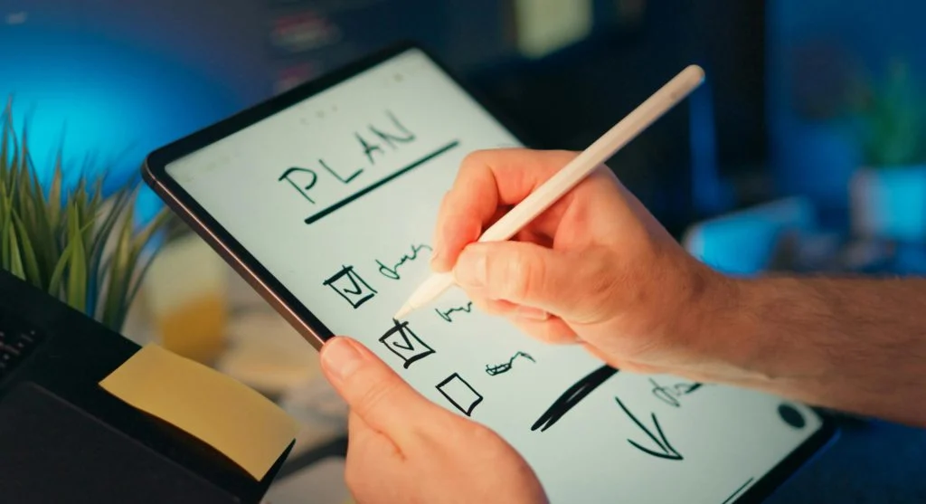 Person using a tablet and smartphone to manage tasks and increase productivity